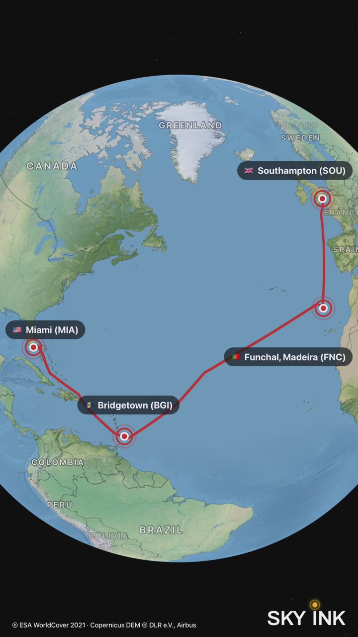 A cruise route film: Southampton, Funchal, Bridgetown, Miami